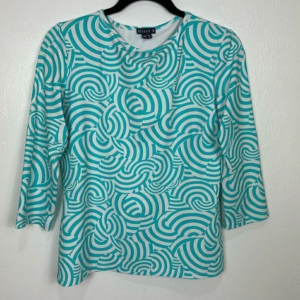 Melly M Geo Print Aqua Color Stretch 3/4 Sleeve Top Size M